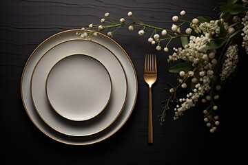 Floral Dinner Table Arrangement with, Plates, Glasses, and Bouquet in a Restaurant Setting