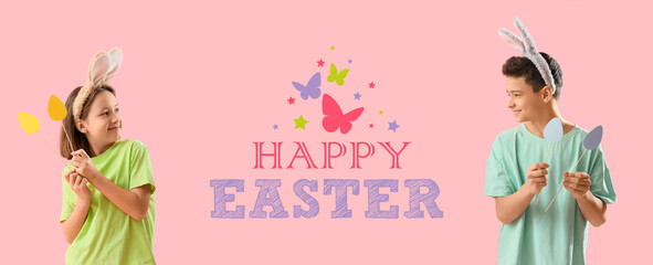 Easter banner with portrait of happy children on pink background