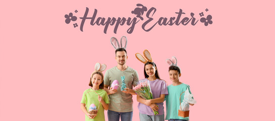 Easter banner with portrait of happy family on pink background