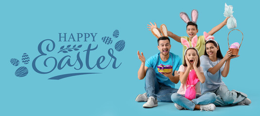 Easter banner with portrait of happy family on light blue background