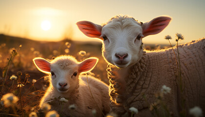 Fototapeta premium Cute young lamb grazing in green meadow generated by AI