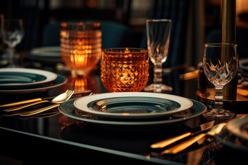 Floral Dinner Table Arrangement with, Plates, Glasses, and Bouquet in a Restaurant Setting