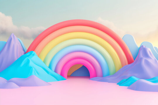 Rainbow with mountains pastel background 3d render.