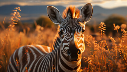 Zebra grazing in the African savannah at sunset generated by AI