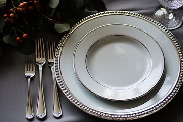 Floral Dinner Table Arrangement with, Plates, Glasses, and Bouquet in a Restaurant Setting