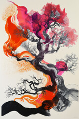 The print features colorful tree with red, orange and black.