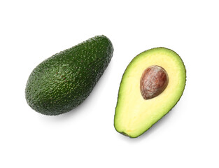 Tasty ripe avocados on white background