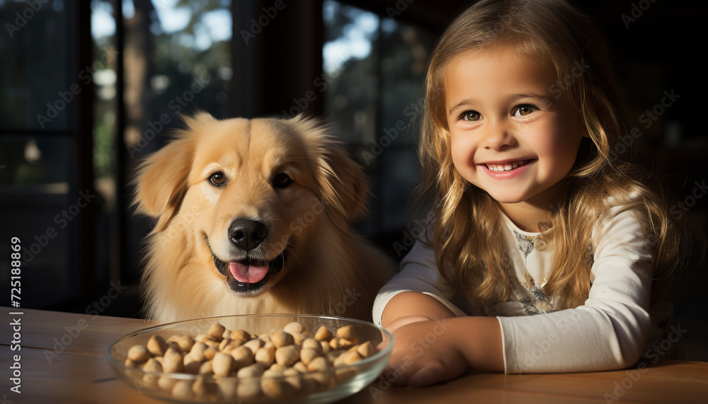 Sticker cute girl playing with a smiling puppy indoors generated by ai