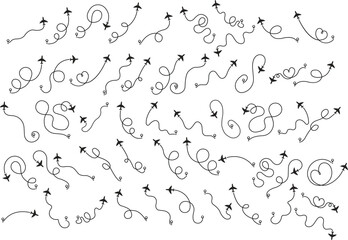 Set of Airplane route path icons. The flight path of aircraft from the point of location along the line. Flight route from a waypoint with an airplane silhouette isolated on transparent background.