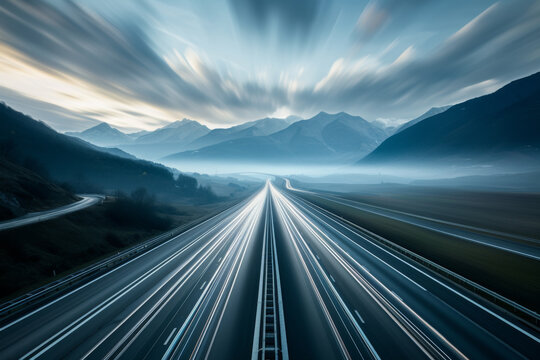 A blurred image of a highway with mountains in the background.