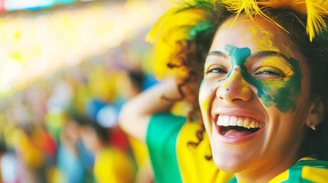 Brazilian young woman football fans celebrating their team's victory at stadium. AI Generative.