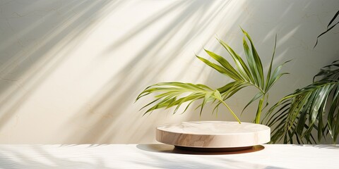 Modern minimal interior design with neutral aesthetic featuring a luxury marble table and a plant shadow, perfect for showcasing products. Summer tropical background enhances the beauty and cosmetics