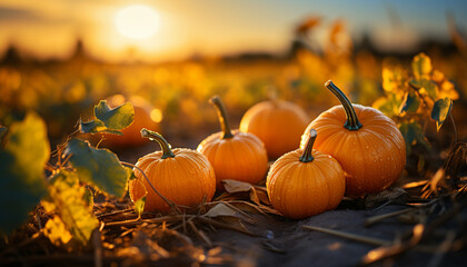 Autumn sunset, nature harvest glows in vibrant orange generated by AI