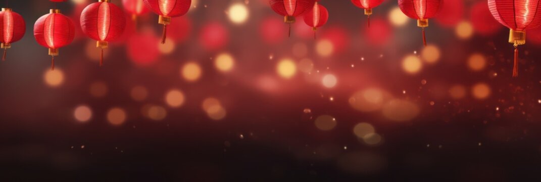 A Chinese Red Lanterns On A Happy Chinese New Year Night Adorning The Chinese Community, Clear Details Of Chinese Lanterns, Bokeh Blur Background, Out Of Focus City Lights.