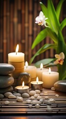 Fototapeta na wymiar A Spa and health care services Decorated with candles, spa stones and salt on a wooden background. White towels with bamboo sticks and candles for relaxing spa massages and body treatments.