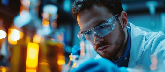 Late-night research conducted by a seasoned male scientist in a science lab specializing in various branches of chemistry.