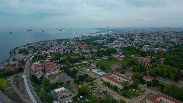 Blue Mosque and Hagia Sophia aerial view at Sultan Ahmet at Park in Sultanahmet district in historic city of Istanbul, Turkey. Historic Areas of Istanbul is a UNESCO World Heritage Site. 