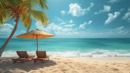 Deckchairs With Parasol With Leaves Palm In Tropical Beach With Sunny Sand And Ocean. Generative AI.