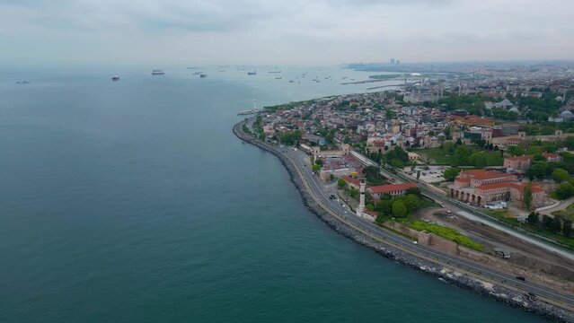 Blue Mosque, Hagia Sophia and Topkapi Palace aerial view from Bosporus Strait in Sultanahmet district in historic city of Istanbul, Turkey. Historic of Istanbul is a UNESCO World Heritage Site. 