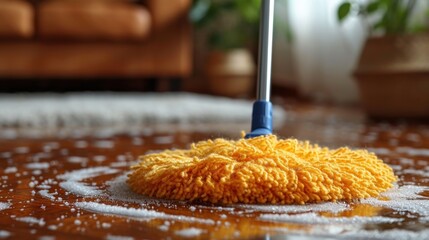 Microfiber mop cleaning the house floor. Generative AI.
