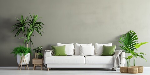 Contemporary living room with white sofa and various plants