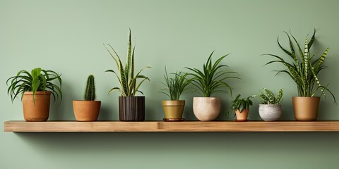 Nature-inspired sustainable lifestyle concept with unaltered green potted plants on wooden shelves at home, offering copy space.