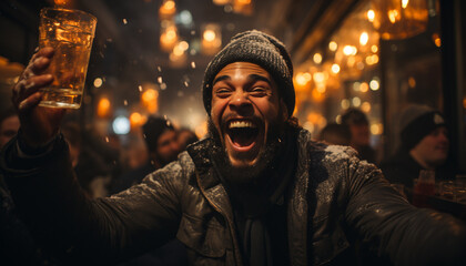 A joyful man smiles, celebrating nightlife in the city generated by AI
