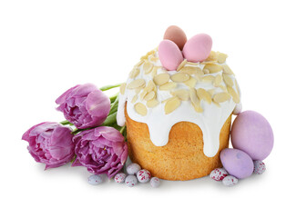 Easter cake, painted eggs and tulip flowers isolated on white background