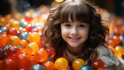 Fototapeta na wymiar Smiling child holds colorful balloon, radiating joy and happiness generated by AI