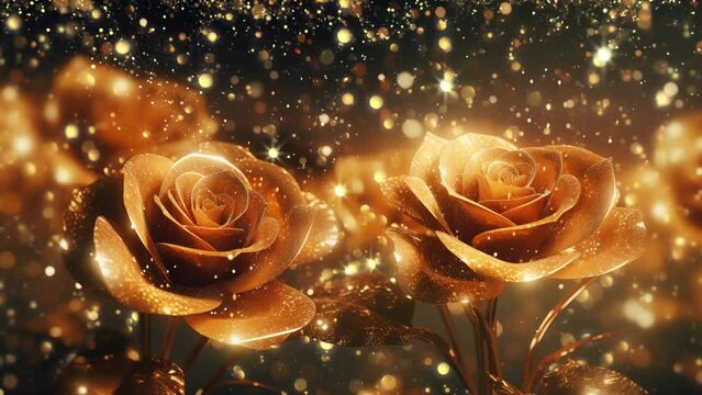 Golden roses animated with particles flying around. Elegant golden roses flowers wall art. seamless looping overlay 4k virtual video animation background 