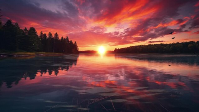 lake sunset. sunset over the lake. beautiful sunset with reflection on the lake. seamless looping overlay 4k virtual video animation background 