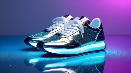 Halograic shiny sneakers on a neon background.