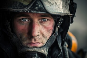 Obraz premium Weary Firefighter Close-Up Portrait with Soot-Stained Helmet. Generative AI.