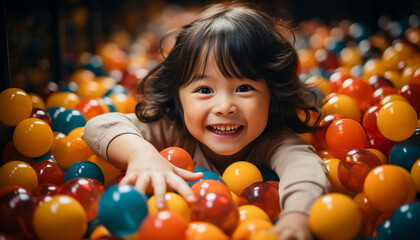 Fototapeta na wymiar A cute, smiling child playing with colorful ball indoors generated by AI