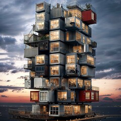 a floating apartment made from shipping containers at sunset