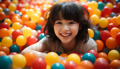 Fototapeta na wymiar Smiling child playing, joyful and cute, enjoying colorful ball pool generated by AI