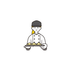 焼き上がったクロワッサンを乗せたトレイを持つ女性パン職人のイラスト素材
