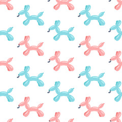 Dog shaped balloon seamless vector pattern. Cute rubber toys inflated with helium or oxygen. Blue and pink pets for a baby party, birthday. Funny puppies figures for a kid. Delicate cartoon background