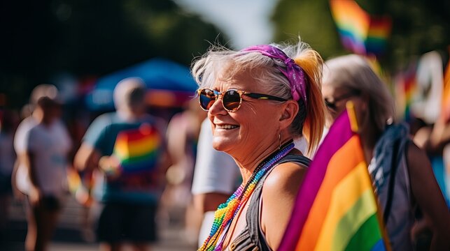 Elderly smiling woman with glasses at an LGBT parade in the city. Sexual minorities rights and law