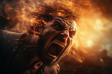 Screaming man. Aggressive man screaming in the fire.