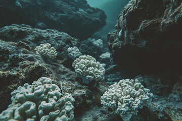 Fototapeta na wymiar Underwater view of coral reef with sunlight shining through water surface.