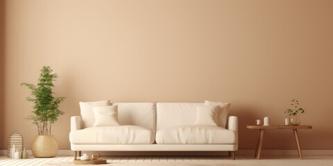 Cozy home interior with warm background, beige sofa, and coffee table. Copy space available.