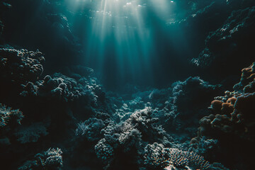 Underwater view of coral reef with sunlight shining through water surface. - obrazy, fototapety, plakaty