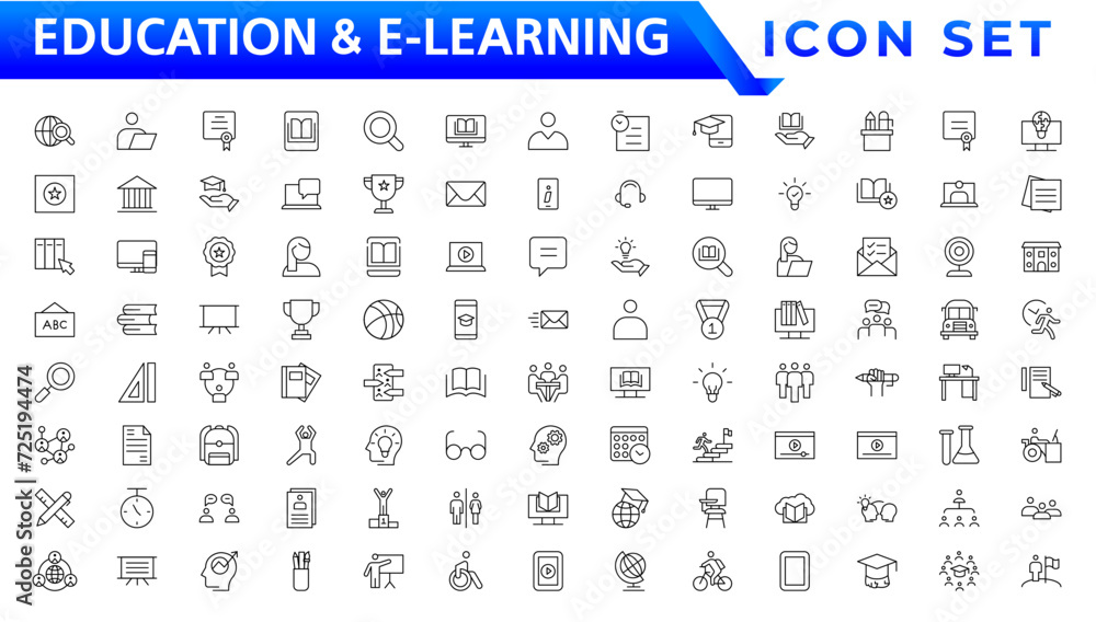 Wall mural Education and E-learning icon set. Online education icon set. Thin line icons set. Distance learning. Containing video tuition, e-learning, online course, audio course, educational website