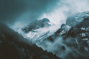 Mountain landscape with fog and clouds - obrazy, fototapety, plakaty