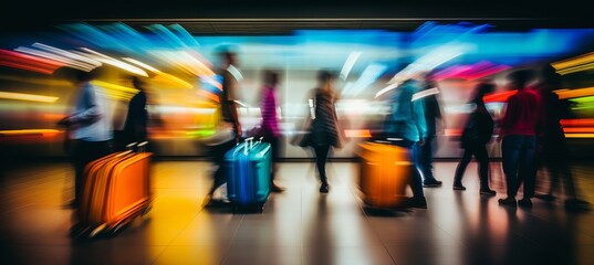 Blurred background airport people departure arrival luggage