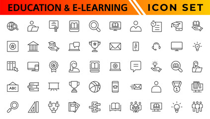 Education and E-learning icon set. Online education icon set. Thin line icons set. Distance learning. Containing video tuition, e-learning, online course, audio course, educational website