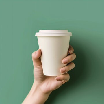 Female hand holding a paper cup of coffee on a green background.