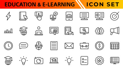 Education and E-learning icon set. Online education icon set. Thin line icons set. Distance learning. Containing video tuition, e-learning, online course, audio course, educational website