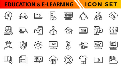 Education and E-learning icon set. Online education icon set. Thin line icons set. Distance learning. Containing video tuition, e-learning, online course, audio course, educational website